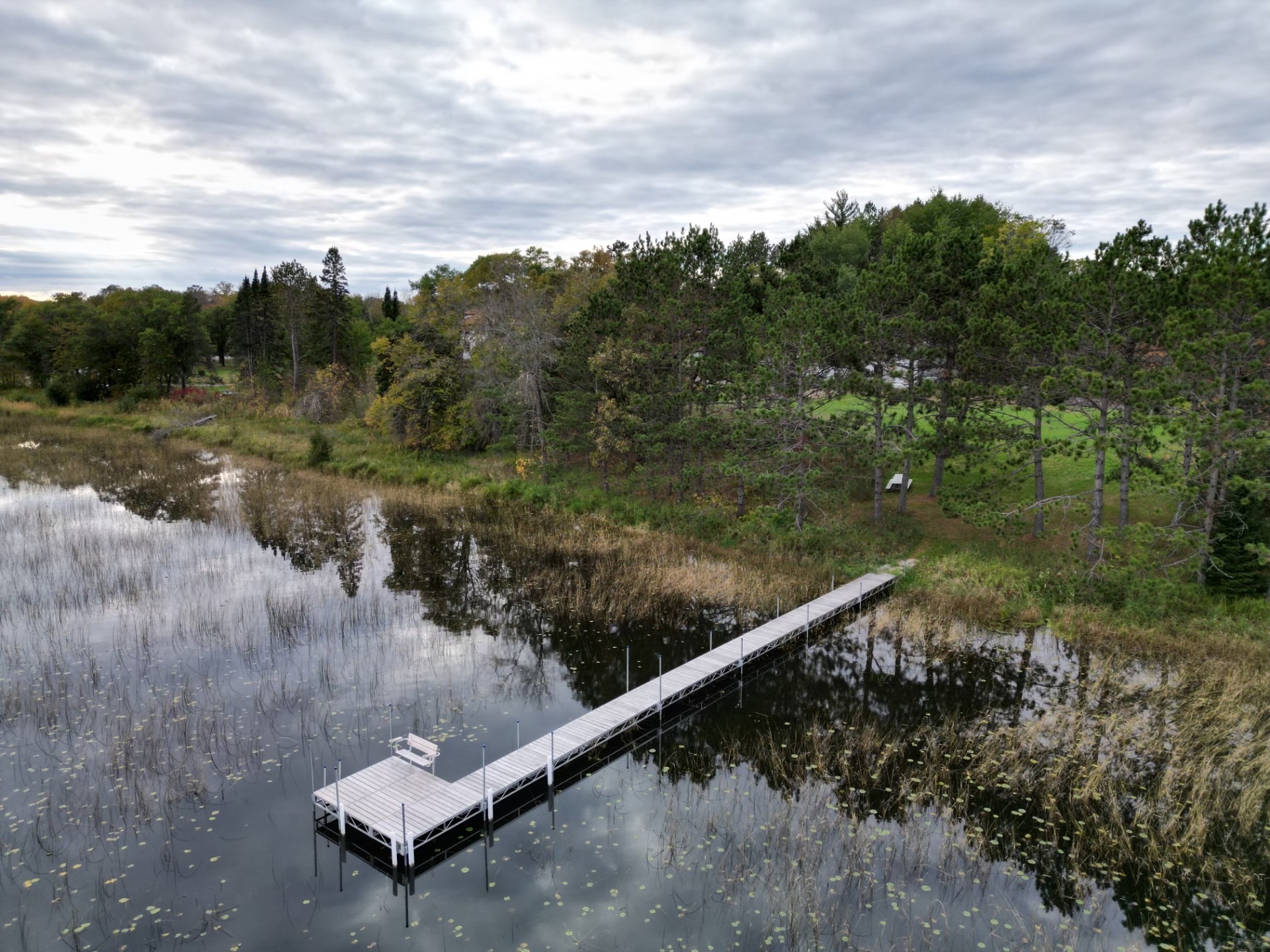 Aerial view of dock and lake