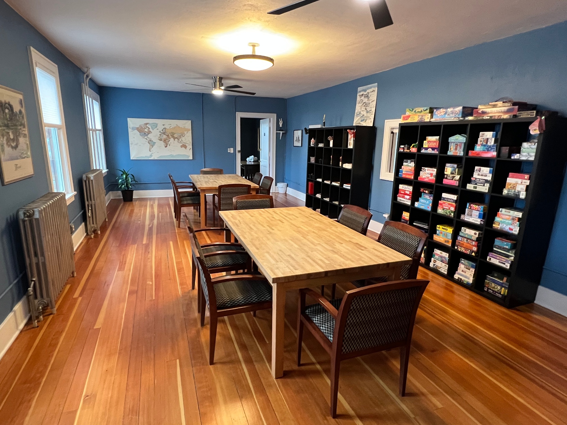 Spacious game room with tables